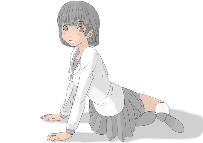 kiriman (souldeep), original, 1girl, :d, black hair, blush, brown eyes, dark-skinned female, dark skin, female focus, kneehighs, long sleeves, looking at viewer, open mouth, school uniform, serafuku, shoe soles, shoes, short hair, sitting, smile, socks, solo, white socks, yokozuwari