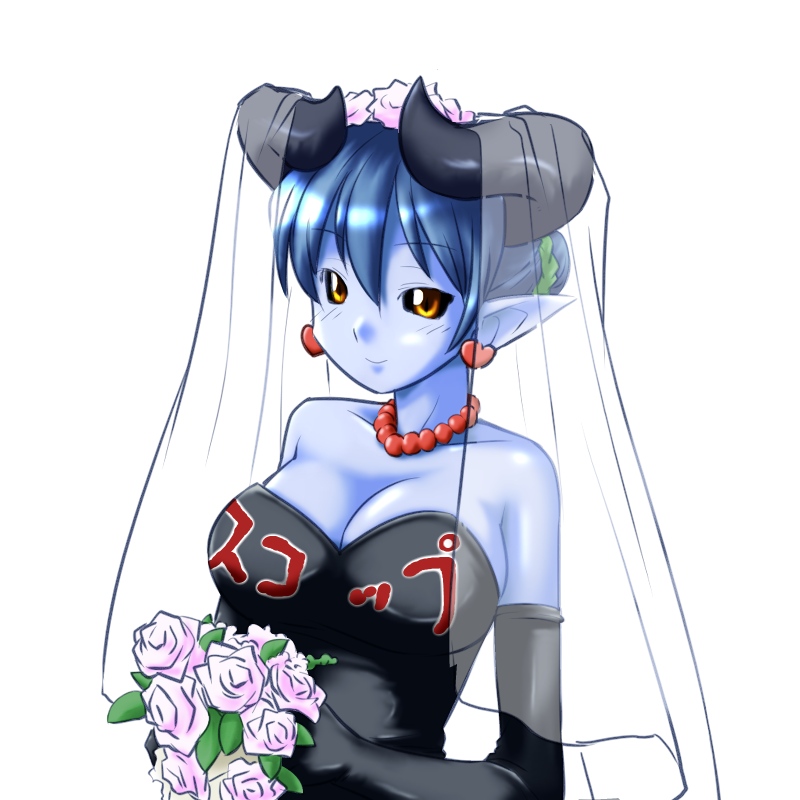 astaroth (shinrabanshou), shinrabanshou, exif thumbnail surprise, 1girl, bare shoulders, black dress, black gloves, black sclera, blue hair, blue skin, bouquet, breasts, bridal veil, bride, cleavage, collarbone, colored sclera, colored skin, dark bride, dress, earrings, elbow gloves, female focus, flower, gem, gloves, holding, horns, jewelry, large breasts, looking at viewer, necklace, pearl (gemstone), pointy ears, simple background, smile, solo, strapless, strapless dress, upper body, veil, wedding dress, white background