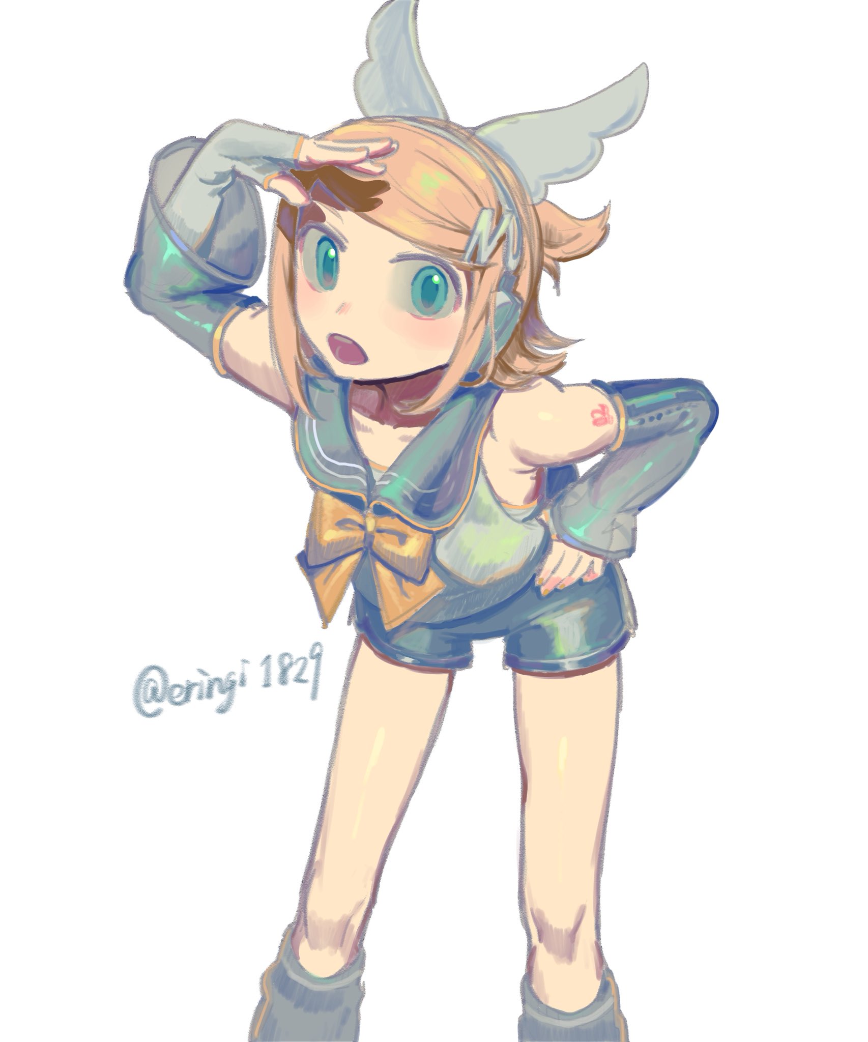 eringi (eringi1829), kagamine rin, vocaloid, highres, 1girl, armpit crease, blonde hair, bow, grey sailor collar, grey shorts, grey sleeves, hair ornament, hairclip, kagamine rin (nt), sailor collar, see-through sleeve layer, shirt, short hair, shorts, sleeveless, z hair ornament