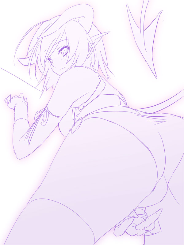 47agdragon, original, 1girl, ass, demon girl, demon tail, female focus, gradient background, horns, looking back, monochrome, sketch, slit pupils, smile, solo, tail, thighhighs