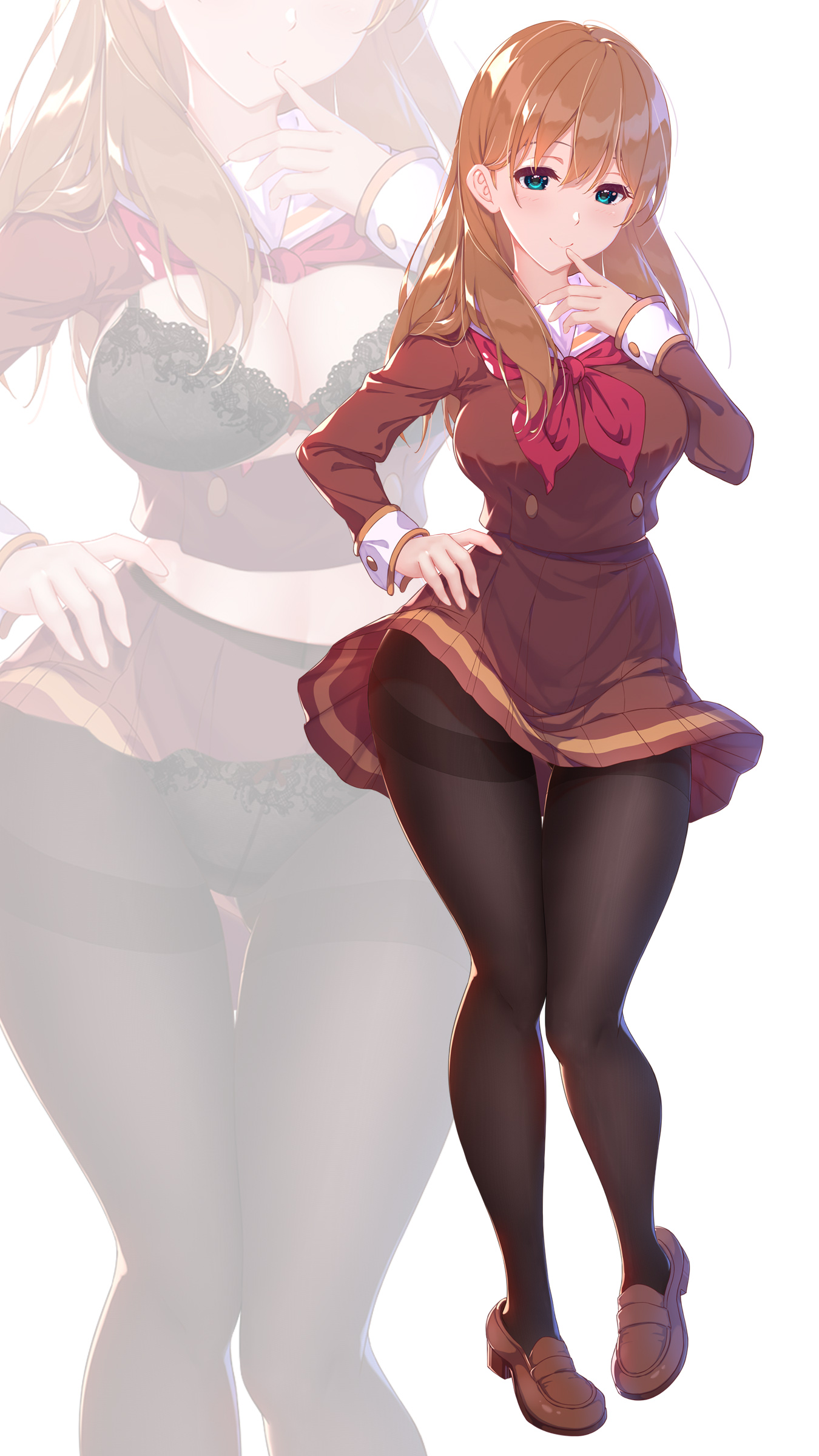 kurenaiz (kureniz), kuroe mayu, hibike! euphonium, absurdres, commentary request, highres, 1girl, black bra, black pantyhose, blue eyes, bra, breasts, brown hair, brown serafuku, brown shirt, brown shoes, brown skirt, cleavage, clothes lift, hand on own hip, kitauji high school uniform, loafers, long sleeves, neckerchief, pantyhose, pleated skirt, red neckerchief, sailor collar, school uniform, serafuku, shirt, shirt lift, shoes, simple background, skirt, thighband pantyhose, thighs, underwear, white background, white sailor collar, zoom layer