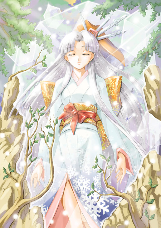 yuu (yuyukaikan), original, bow, closed eyes, crystal, day, ice, japanese clothes, kimono, long hair, nature, outdoors, snow, solo, tree, white hair