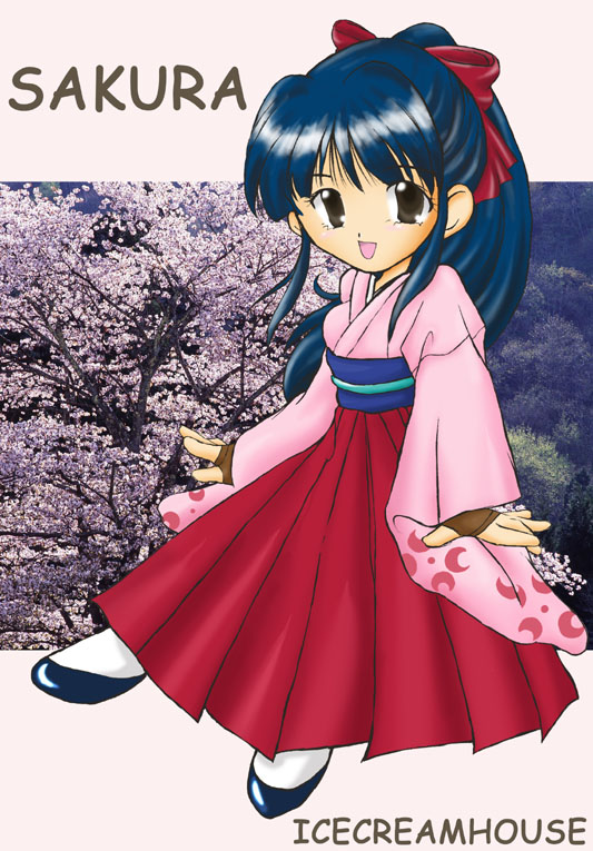 shinguuji sakura, sakura taisen, tagme, 00s, cherry blossoms, japanese clothes, kimono, photo background, solo
