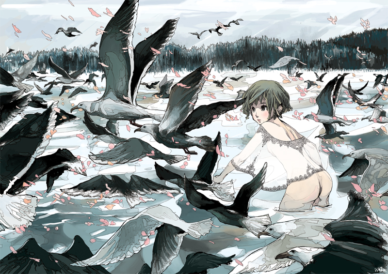 isuzu, isuzu (uzushi), 1girl, bird, bottomless, female focus, forest, nature, petals, scenery, solo, water