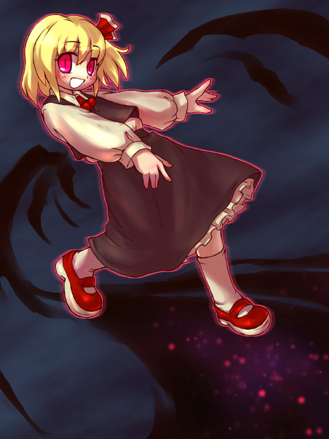 sankuma, rumia, embodiment of scarlet devil, touhou, 1girl, blonde hair, darkness, female focus, hair ribbon, mary janes, red eyes, ribbon, shoes, short hair, slit pupils, solo