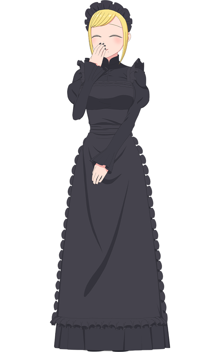 shinigami bocchan to kuro maid, highres, official art, 1girl, ^ ^, anime coloring, apron, black apron, black dress, black nails, black sash, blonde hair, blush, breasts, closed eyes, collared dress, covering own mouth, dress, frilled apron, frills, full body, hand up, kuwabata mitsuru, large breasts, lips, long dress, long sleeves, looking at viewer, maid, maid apron, maid headdress, nail polish, puffy sleeves, sash, sharon (shinigami bocchan to kuro maid), sidelocks, simple background, smile, solo, standing, tachi-e, transparent background, wide sleeves
