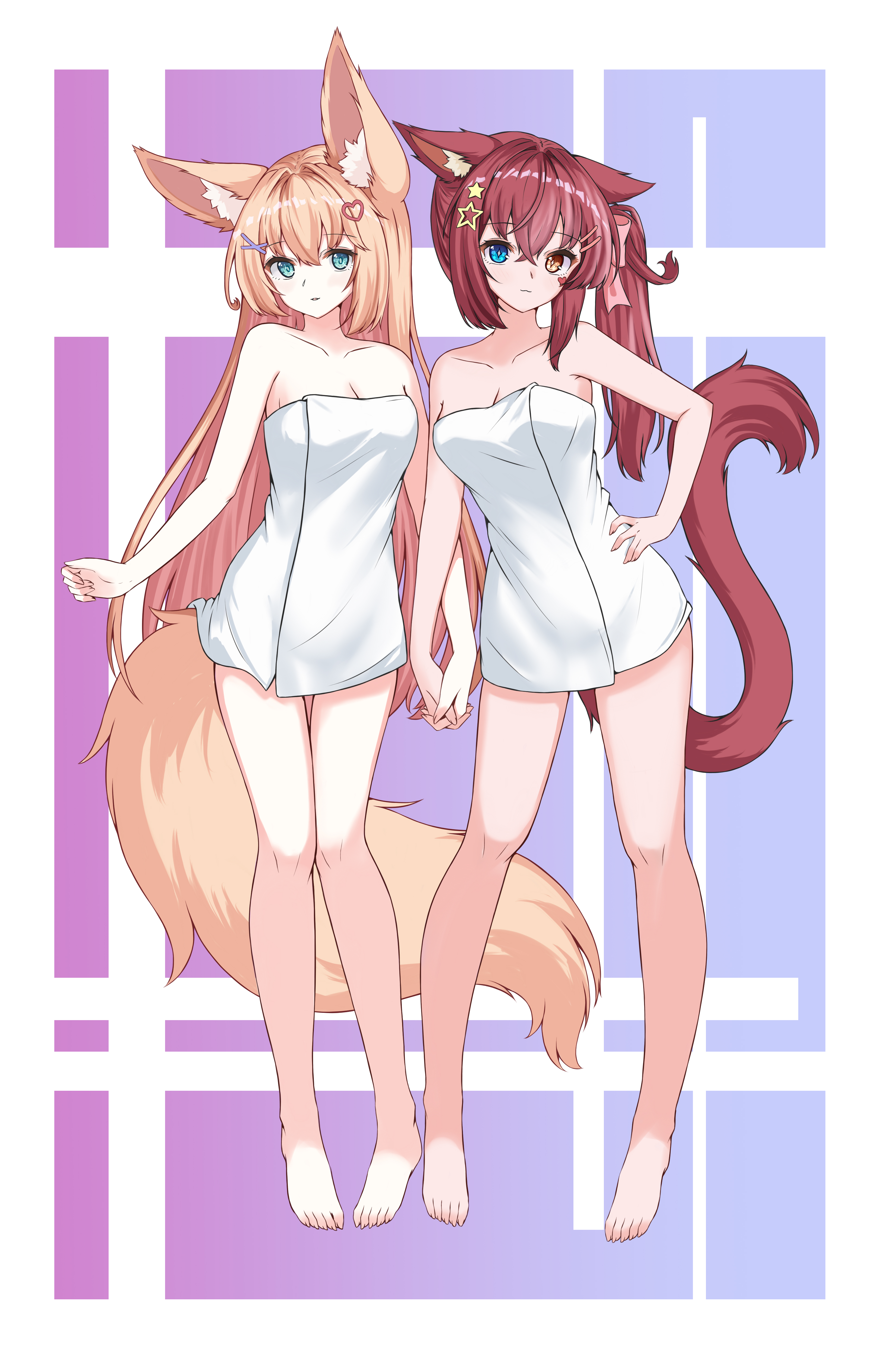 ze zhi ai, original, absurdres, highres, 2girls, :3, animal ears, aqua eyes, barefoot, blonde hair, blue eyes, bow, breasts, brown eyes, brown hair, cat ears, cat girl, cat tail, fox ears, fox girl, fox tail, full body, gradient background, hair bow, hair ornament, hairclip, hand on own hip, heart, heart hair ornament, holding hands, interlocked fingers, light smile, long hair, looking at viewer, medium breasts, multiple girls, naked towel, parted lips, red hair, side ponytail, simple background, star (symbol), star hair ornament, tail, towel