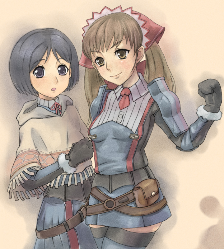 4hands, alicia melchiott, isara gunther, senjou no valkyria, senjou no valkyria (series), senjou no valkyria 1, 00s, 2girls, blue eyes, blue hair, brown eyes, brown hair, darcsen, fringe trim, long hair, military, military uniform, multiple girls, poncho, shawl, short hair, skirt, thighhighs, twintails