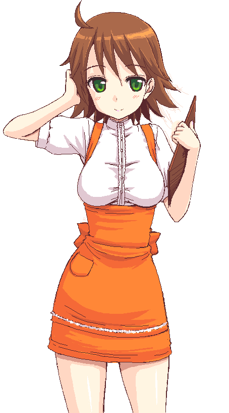 takayaki, awakened miki, hoshii miki, anna miller, idolmaster, idolmaster (classic), idolmaster 1, 00s, 1girl, ahoge, brown hair, cowboy shot, female focus, green eyes, hand in own hair, oekaki, orange skirt, short hair, simple background, skirt, solo, waitress, white background