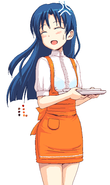 takayaki, kisaragi chihaya, anna miller, idolmaster, idolmaster (classic), idolmaster 1, 00s, 1girl, anger vein, blue bra, blue hair, bra, closed eyes, female focus, lingerie, long hair, oekaki, orange skirt, see-through clothes, skirt, solo, underwear, waitress