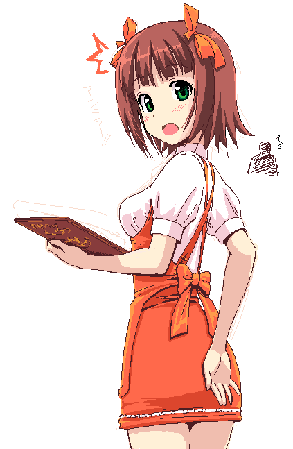 takayaki, amami haruka, anna miller, idolmaster, idolmaster (classic), idolmaster 1, 00s, 1girl, arm behind back, brown hair, female focus, green eyes, looking back, menu, oekaki, orange skirt, short hair, skirt, solo, surprised, waitress
