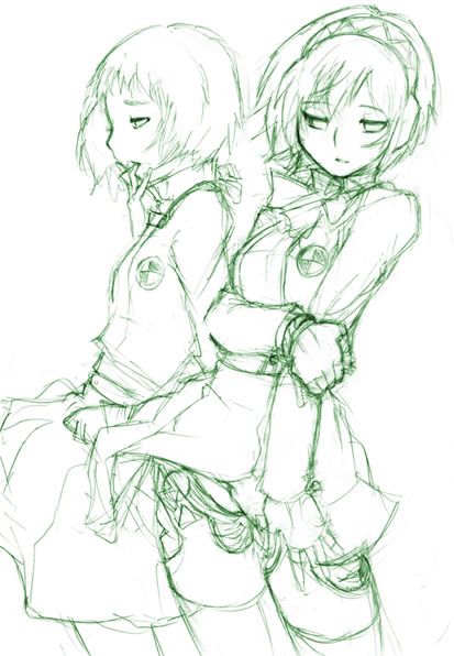 kei jiei, aigis (persona), yamagishi fuuka, atlus, persona, persona 3, 2girls, green theme, monochrome, multiple girls, sketch, thighhighs