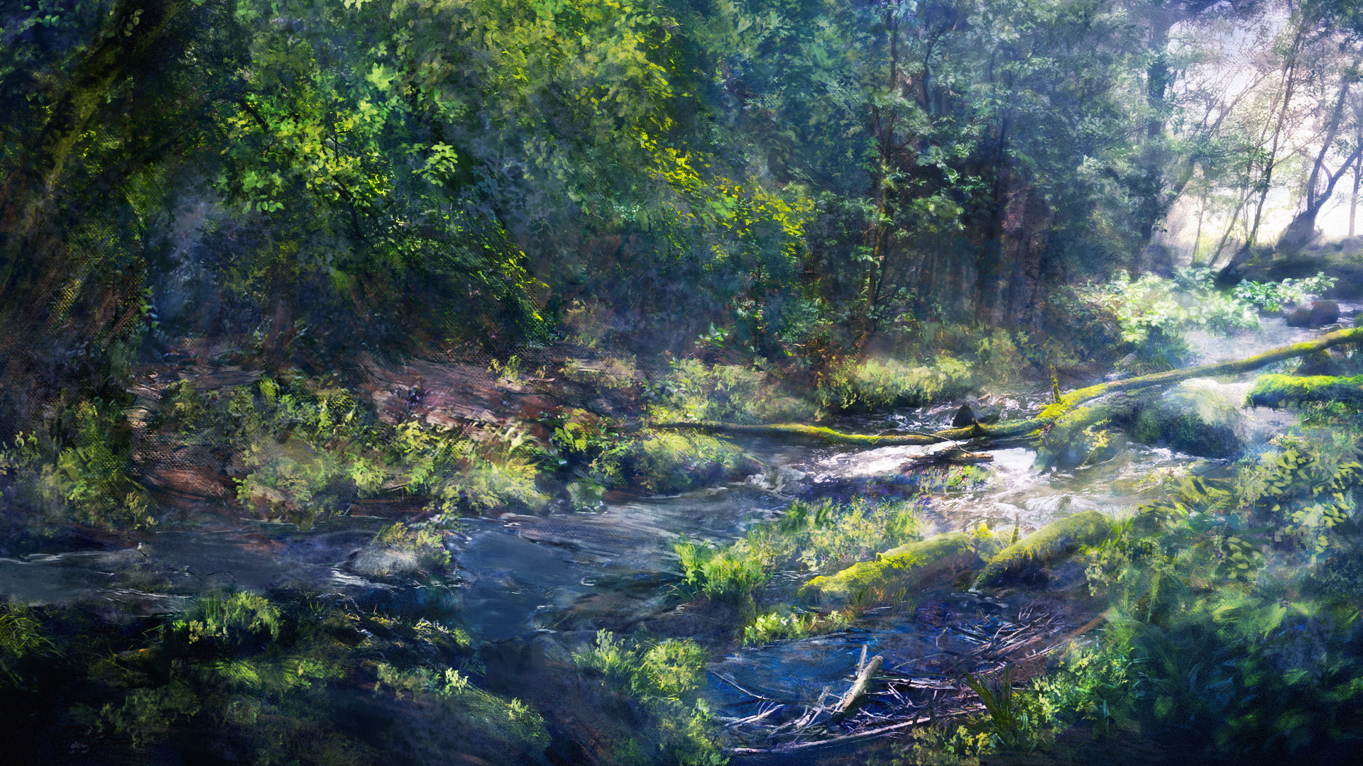 zaq (pgvc4472), original, commentary, highres, day, forest, log, nature, no humans, outdoors, scenery, stream, tree, water