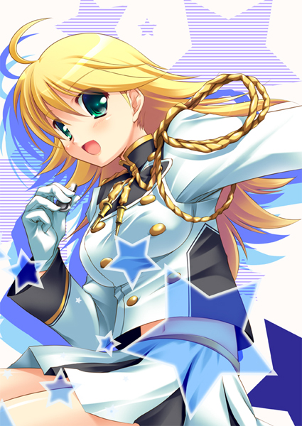kamishiro mai (artist), kamishiro mai (capti-no), hoshii miki, idolmaster, idolmaster (classic), 00s, 1girl, :d, ahoge, aiguillette, band uniform, blonde hair, breasts, buttons, covered erect nipples, cowboy shot, double-breasted, female focus, gloves, green eyes, holding, long hair, long sleeves, looking at viewer, medium breasts, navel, open mouth, outstretched arm, shiny skin, skirt, smile, solo, star (symbol), stomach, tareme, whistle, white gloves, white skirt