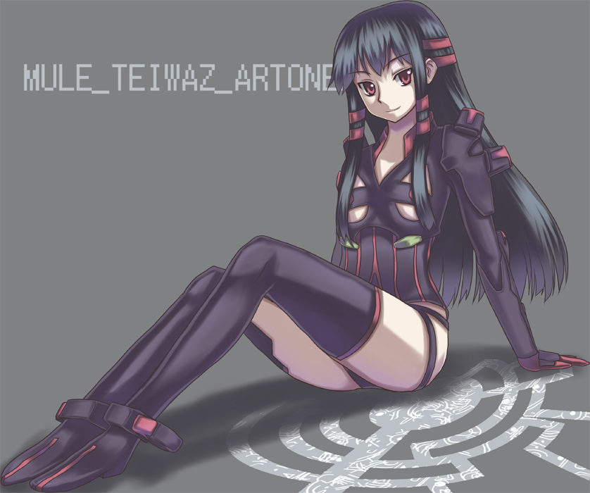 akiyasu, jakuri (ar tonelico), ar tonelico, ar tonelico ii, gust, >:), 00s, 1girl, anklet, arms at sides, black boots, black hair, black leotard, boots, breasts, closed mouth, female focus, grey background, jewelry, knees up, leotard, long hair, looking at viewer, mule teiwaz, red eyes, shoulder pads, sidelocks, simple background, small breasts, smile, solo, thigh boots, thighhighs, touhuya, tsurime, underboob, v-shaped eyebrows, very long hair
