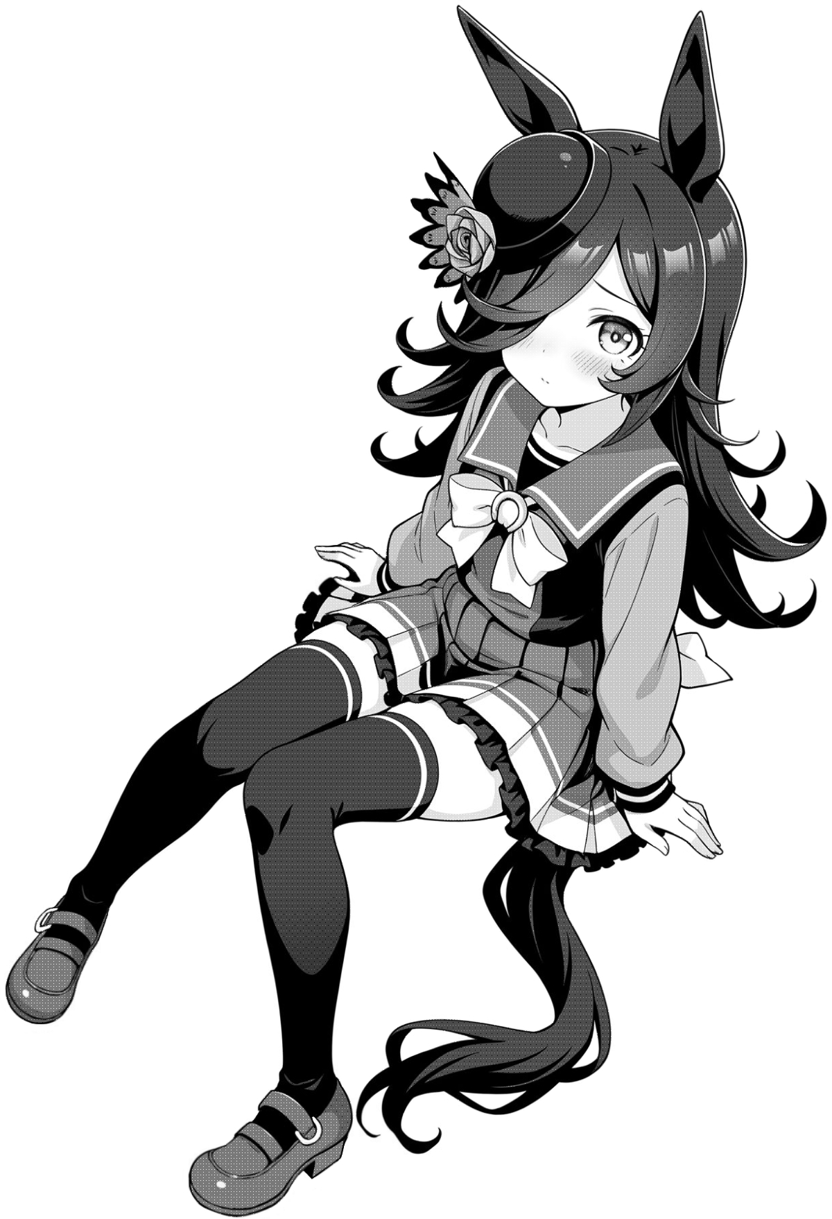 akagi koku, rice shower (umamusume), umamusume, commentary, highres, 1girl, animal ears, black thighhighs, blush, bow, bowtie, closed mouth, collarbone, frilled skirt, frills, full body, greyscale, hair over one eye, hat, horse ears, horse girl, horse tail, invisible chair, long hair, long sleeves, looking at viewer, monochrome, pleated skirt, sailor collar, school uniform, shirt, shoes, simple background, sitting, skirt, solo, tail, thighhighs, tracen school uniform, white background, winter uniform, zettai ryouiki