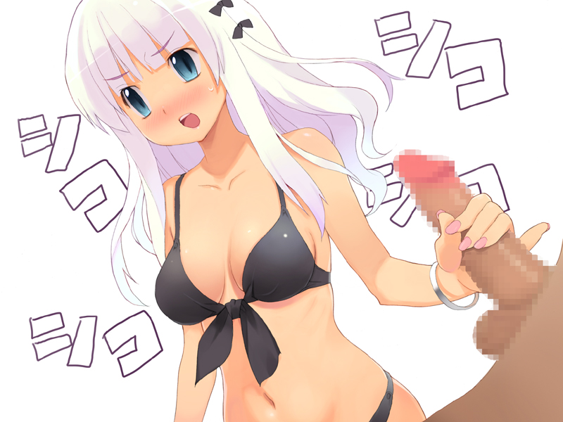 nora higuma, 1girl, bikini, black bikini, blue eyes, blush, censored, dark-skinned male, dark penis, dark skin, embarrassed, erection, front-tie bikini top, front-tie top, handjob, interracial, long hair, mosaic censoring, nail polish, penis, pink nails, simple background, solo, solo focus, swimsuit, white background, white hair