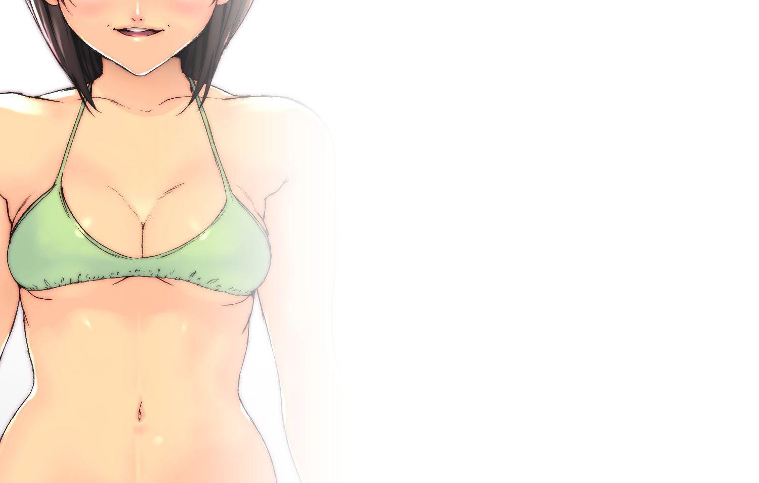 ootomo takuji, 1girl, bikini, bikini top only, breasts, cleavage, female focus, green bikini, medium breasts, navel, solo, swimsuit