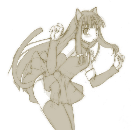 kasuga yukihito, konoe konoka, mahou sensei negima!, lowres, 00s, 1girl, animal ears, brown theme, cat ears, cat tail, female focus, monochrome, solo, tail, thighhighs