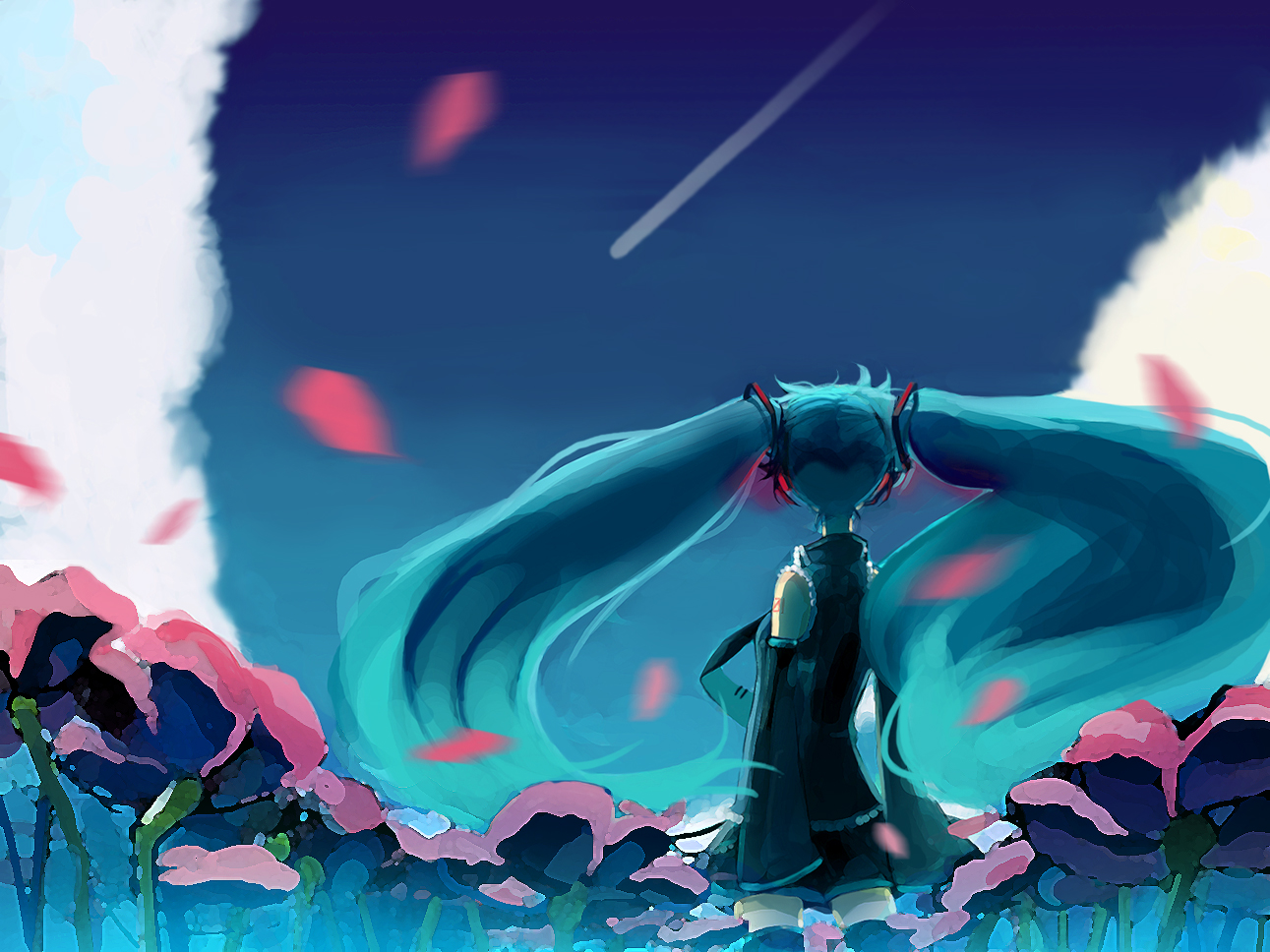 shirako mugi, hatsune miku, vocaloid, 1girl, detached sleeves, female focus, field, flower, flower field, from behind, green hair, long hair, necktie, petals, sky, solo, twintails