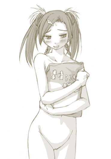 kasuga yukihito, shiina sakurako, mahou sensei negima!, 00s, 1girl, blush, covering breasts, covering privates, female focus, greyscale, monochrome, nude, simple background, solo, uncensored
