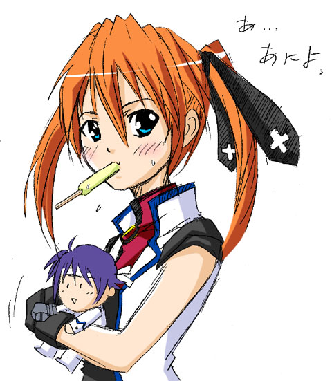 subaru nakajima, teana lanster, lyrical nanoha, mahou shoujo lyrical nanoha, mahou shoujo lyrical nanoha strikers, 00s, 1girl, bare shoulders, black gloves, black ribbon, blush, character doll, collar, doll, female focus, food, gloves, green eyes, hair ribbon, holding, looking at viewer, mouth hold, orange hair, popsicle, ribbon, short hair, simple background, solo, sweatdrop, twintails, white background