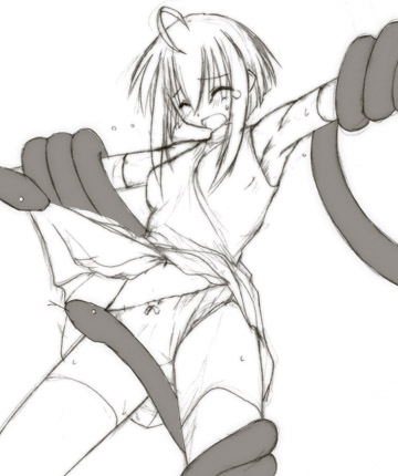 kasuga yukihito, miyazaki nodoka, mahou sensei negima!, lowres, 00s, 1girl, ahoge, closed eyes, female focus, forced, greyscale, monochrome, panties, short hair, snake, solo, sweat, tears, tentacles, thighhighs, underwear