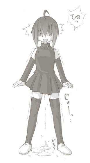 kasuga yukihito, miyazaki nodoka, mahou sensei negima!, 00s, 1girl, ahoge, black thighhighs, detached sleeves, dress, female focus, hair over eyes, monochrome, pee, peeing, peeing self, pleated skirt, pussy juice, scared, simple background, skirt, sleeveless, smile, solo, surprised, sweatdrop, thighhighs, trembling, zettai ryouiki