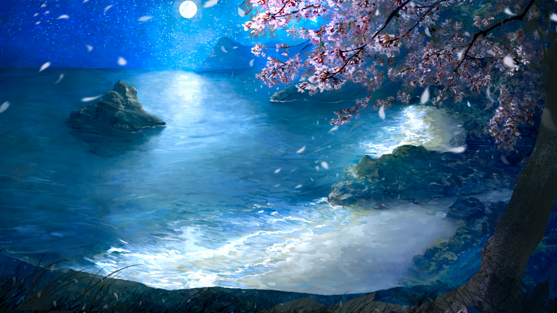 zaq (pgvc4472), original, commentary, highres, beach, cherry blossoms, cherry tree, full moon, island, landscape, moon, night, night sky, ocean, outdoors, sand, scenery, sky, star (sky), starry sky, tree, water, waves