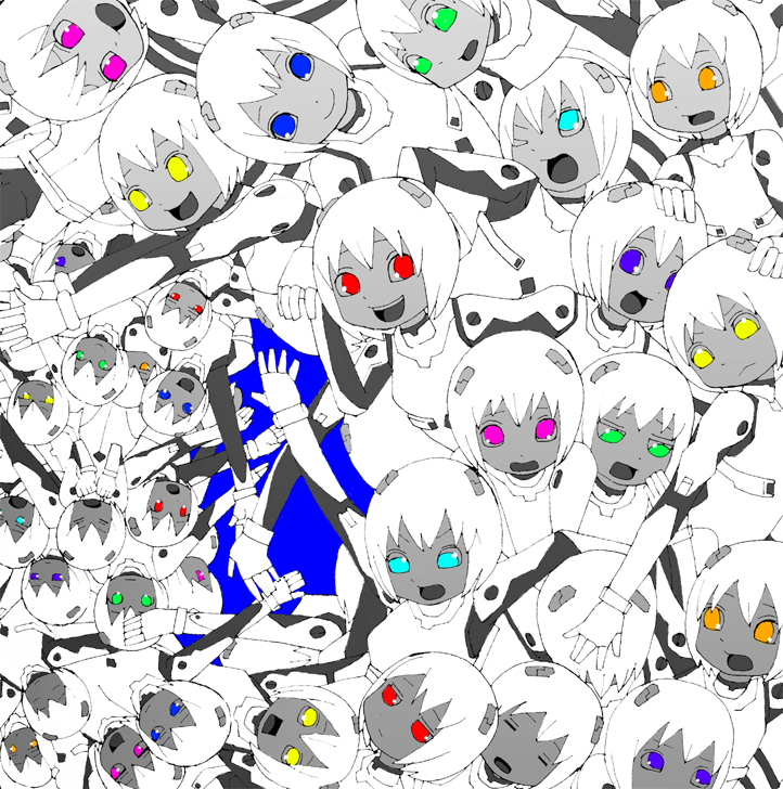a.b.t., abe tomomi, ayanami rei, neon genesis evangelion, bad id, bad pixiv id, 6+girls, ayanami rey, blue eyes, clone, female focus, green eyes, monochrome, multiple expressions, multiple girls, orange eyes, pink eyes, purple eyes, red eyes, spot color, what, yellow eyes