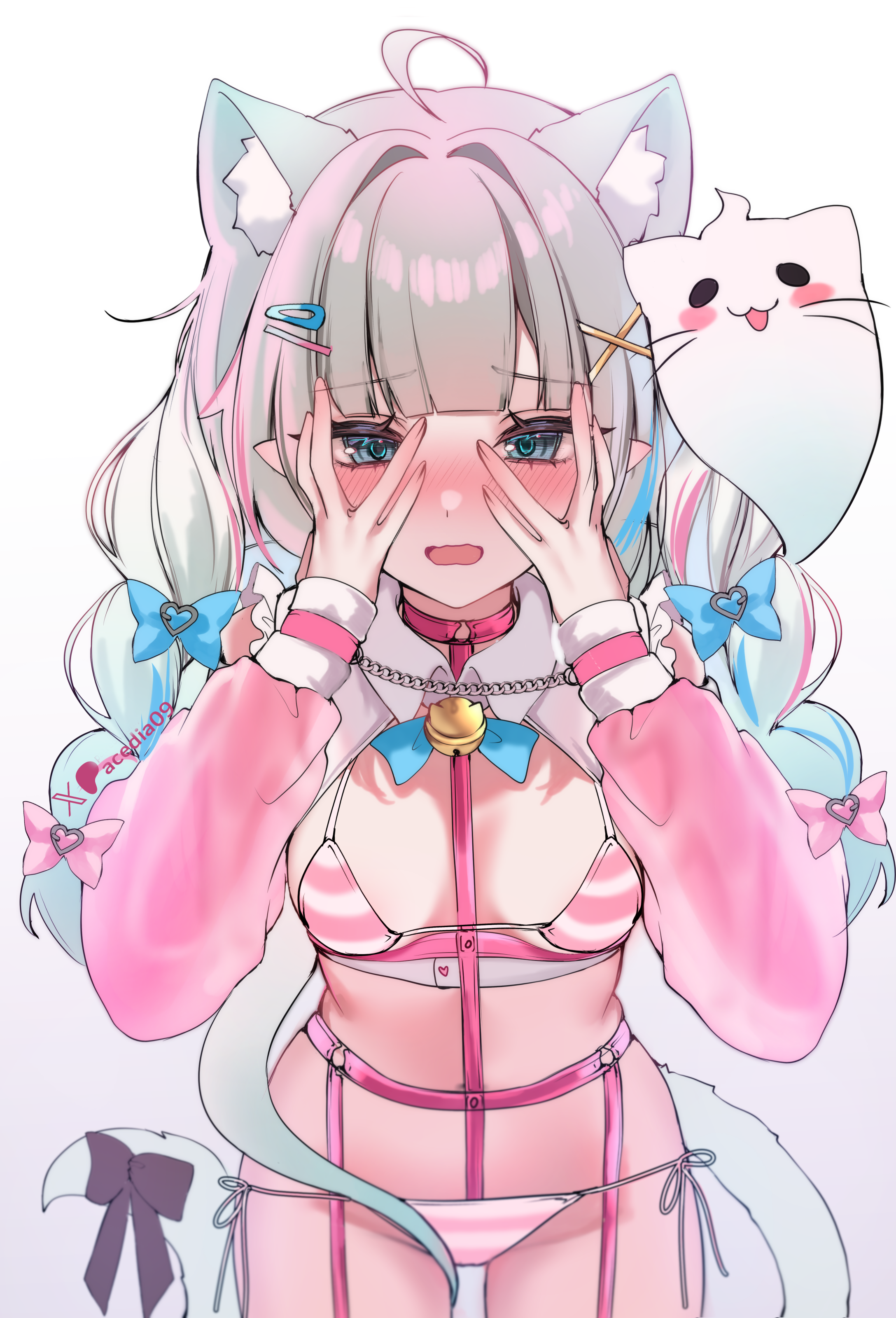 acedia, wisps (mint fantome), indie virtual youtuber, absurdres, commentary, english commentary, highres, paid reward available, 1girl, ahoge, animal ears, bdsm, bell, blue bow, blue eyes, blush, bondage, bound, bow, bra, braid, breasts, cat ears, cat girl, cat tail, choker, grey hair, hair bow, hair ornament, hairclip, hands on own face, jacket, long hair, medium breasts, multicolored hair, neck bell, panties, pink bra, pink choker, pink jacket, pink panties, solo, streaked hair, tail, twin braids, underwear, virtual youtuber, wrist cuffs