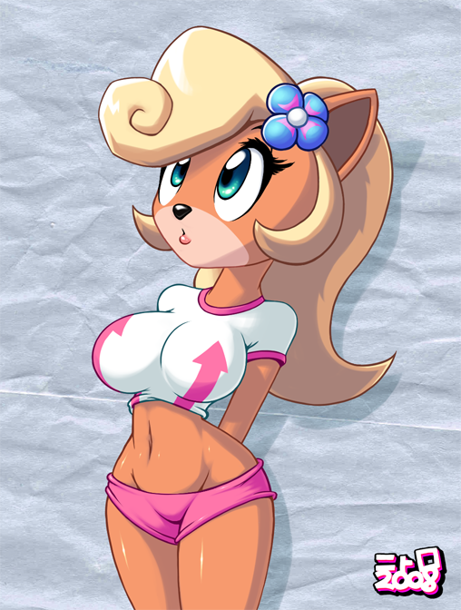 nitro, coco bandicoot, crash bandicoot (series), 1girl, blonde hair, blue eyes, breasts, flower, furry, large breasts, long hair, midriff, navel, ponytail, shorts, wide hips