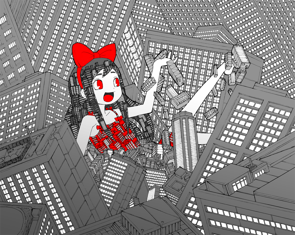 a.b.t., abe tomomi, bad id, bad pixiv id, 1girl, barefoot, black hair, bow, building, child, city, dress, female focus, giant, giantess, hair bow, happy, monochrome, pac-man eyes, patterned, red eyes, ribbon, solo