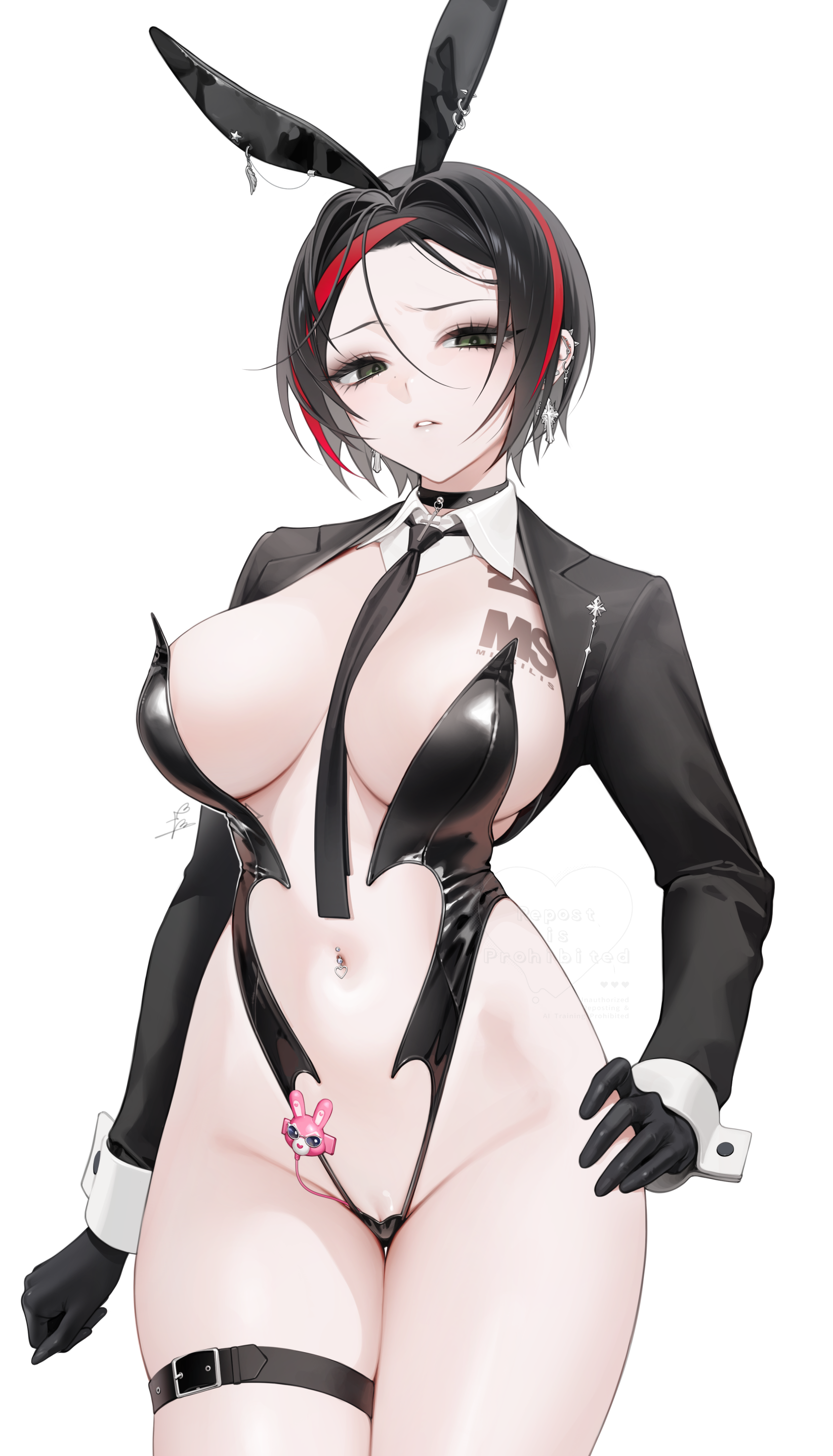 ohisashiburi, crow (nikke), goddess of victory: nikke, absurdres, highres, 1girl, alternate costume, animal ears, arm at side, black choker, black gloves, black hair, black necktie, breasts, choker, cowboy shot, ear piercing, earrings, fake animal ears, gloves, green eyes, hair between eyes, hand on own hip, jewelry, large breasts, leotard, long sleeves, looking at viewer, multicolored hair, navel, navel piercing, necktie, parted lips, piercing, playboy bunny, rabbit ears, red hair, short hair, simple background, solo, stomach, streaked hair, thigh strap, white background