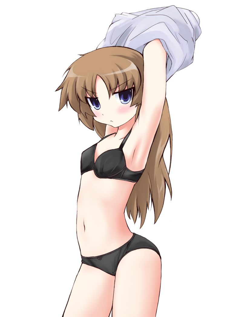 grune, bad id, bad pixiv id, 1girl, :<, armpits, blue eyes, blush, bra, brown hair, female focus, flat chest, lingerie, long hair, panties, simple background, solo, underwear, underwear only, undressing