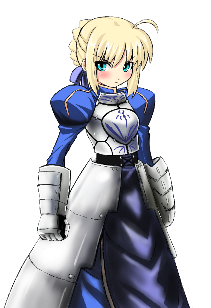 grune, artoria pendragon (fate), saber (fate), fate/stay night, fate (series), bad id, bad pixiv id, 00s, aqua eyes, armor, blonde hair, blush, short hair, simple background, solo