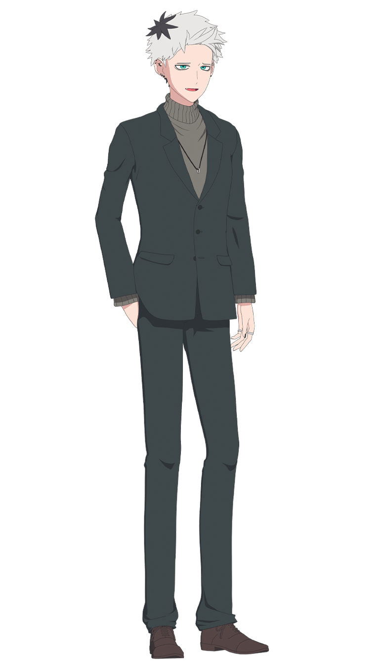 shinigami bocchan to kuro maid, highres, official art, 1boy, anime coloring, black hair, brown shoes, brown sweater, dress shoes, earrings, formal clothes, full body, green eyes, grey jacket, grey pants, grey suit, hand in pocket, jacket, jewelry, kuwabata mitsuru, long hair, long sleeves, looking at viewer, multicolored hair, open mouth, pants, ring, shoes, short hair, simple background, solo, standing, suit, suit jacket, sweater, tachi-e, transparent background, turtleneck, turtleneck sweater, two-tone hair, very long hair, white hair, zachou (shinigami bocchan to kuro maid)