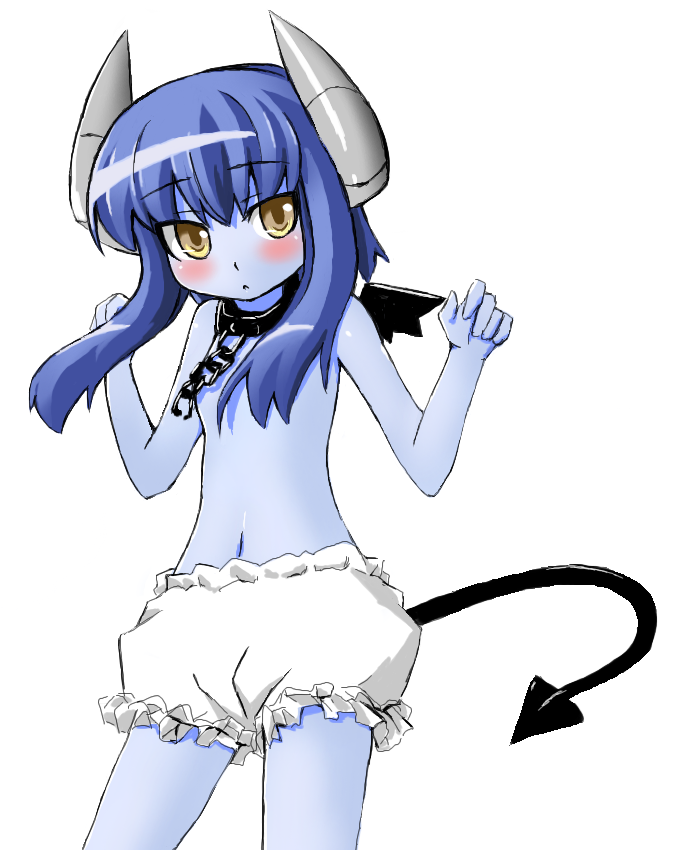 grune, lilin (grune), original, bad id, bad pixiv id, 1girl, bloomers, blue hair, blue skin, blush, chain, collar, colored skin, demon girl, demon tail, female focus, horns, loli, long hair, navel, pale skin, sidelocks, solo, tail, topless female, underwear, white bloomers, wings, yellow eyes