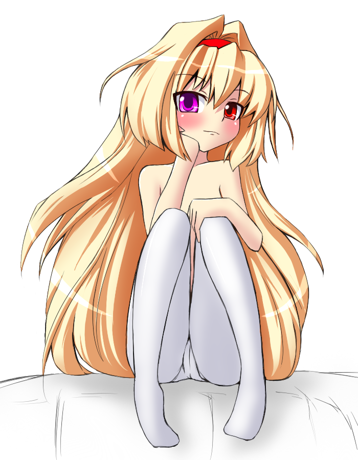 grune, bad id, bad pixiv id, bed, blonde hair, blush, hairband, heterochromia, long hair, pantyhose, simple background, sitting, solo, topless female, white pantyhose
