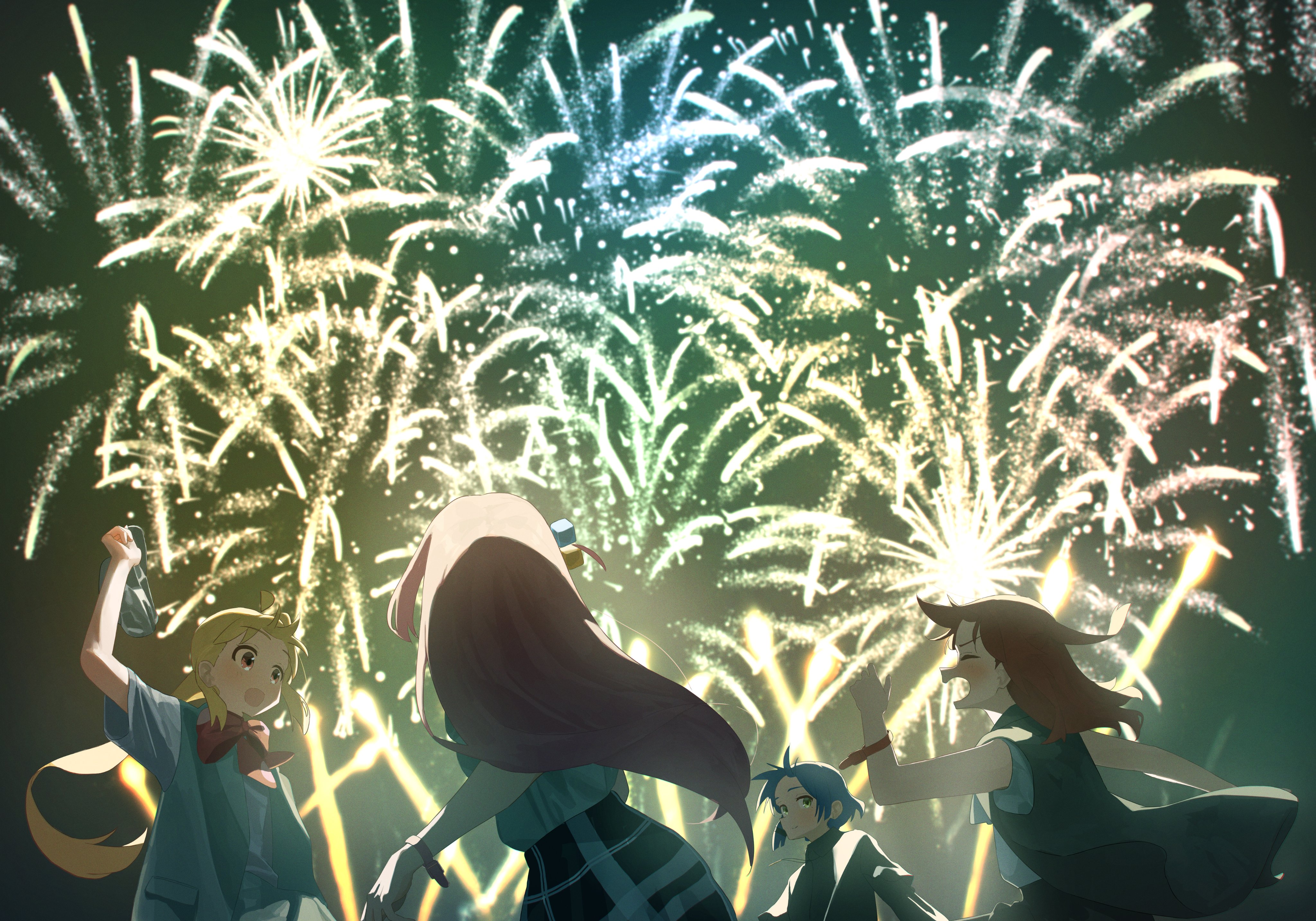shirasuke 0822, gotoh hitori, ijichi nijika, kita ikuyo, yamada ryo, bocchi the rock!, absurdres, commentary request, highres, 4girls, aerial fireworks, black shirt, blonde hair, blue hair, bow, bowtie, cube hair ornament, fireworks, grey vest, hair ornament, hat, holding, holding unworn clothes, holding unworn hat, kessoku band, long hair, multiple girls, one side up, open mouth, ponytail, red bow, red bowtie, red eyes, red hair, shirt, short hair, unworn hat, unworn headwear, vest, wristband, yellow eyes