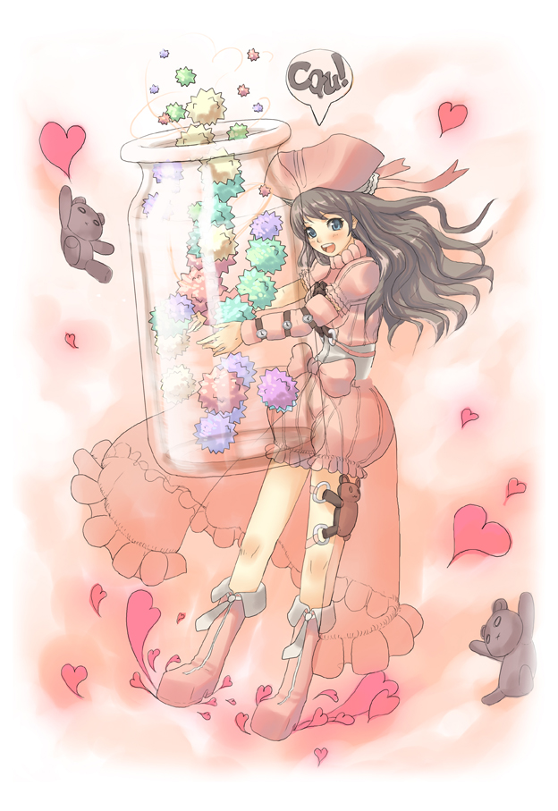 juun, original, bad id, bad pixiv id, 1girl, bloomers, blue eyes, boots, brown hair, candy, female focus, food, happy, hat, heart, jar, konpeitou, long hair, mini person, minigirl, pink boots, solo, stuffed animal, stuffed toy, teddy bear, tricorne, underwear