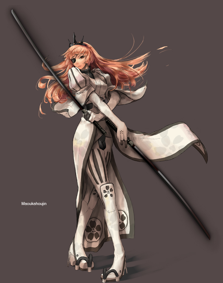 juun, original, bad id, bad pixiv id, crown, eyepatch, hat, katana, long hair, solo, sword, weapon