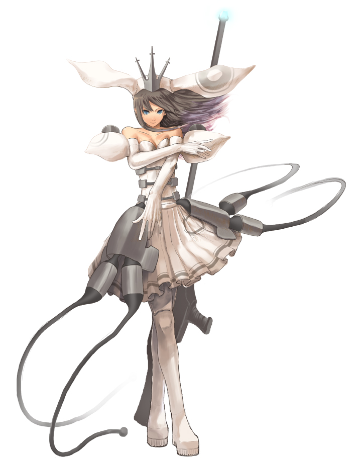 juun, original, bad id, bad pixiv id, bare shoulders, boots, crown, dress, elbow gloves, gloves, hat, long hair, solo, thigh boots, thighhighs