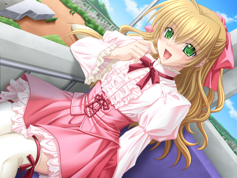 saeki hokuto, biosoldier ayumi, youjuu senki a.d. 2048, game cg, 1girl, blonde hair, female focus, frills, green eyes, hair ribbon, kneehighs, ribbon, socks, solo, thighhighs