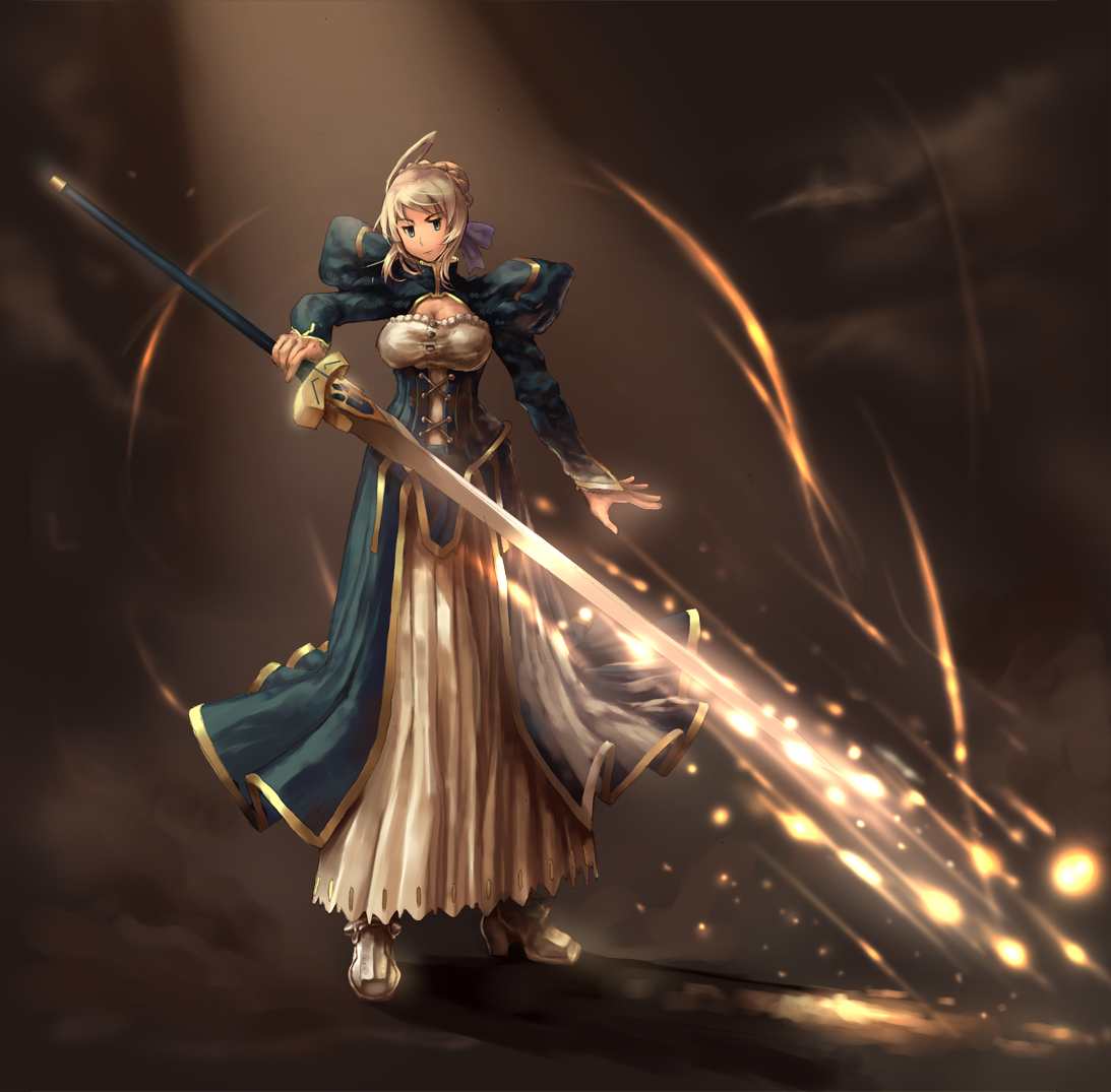 juun, artoria pendragon (fate), saber (fate), fate/stay night, fate (series), bad id, bad pixiv id, 00s, solo, sparkle, sparks, sword, weapon