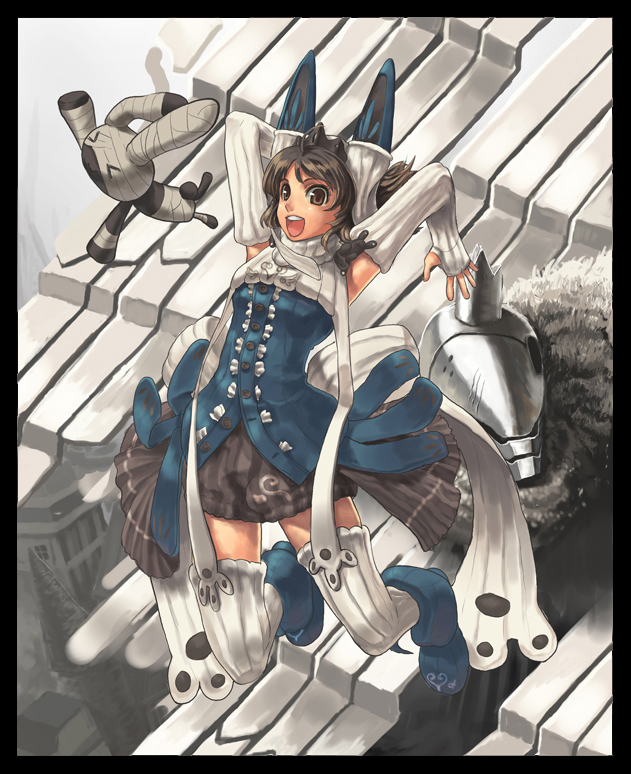 juun, original, bad id, bad pixiv id, 1girl, bandages, brown eyes, brown hair, elbow gloves, female focus, gloves, jumping, solo, stuffed animal, stuffed rabbit, stuffed toy, thighhighs