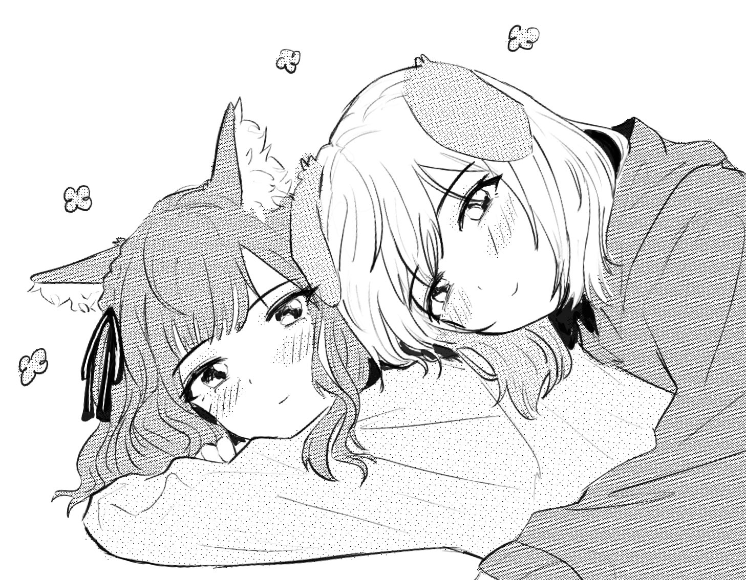 misumi uika, togawa sakiko, bang dream!, bang dream! it's mygo!!!!!, 2girls, animal ear fluff, animal ears, blush, cat ears, cat girl, closed mouth, dog ears, dog girl, greyscale, hair ribbon, hood, hoodie, kemonomimi mode, looking at viewer, monochrome, multiple girls, ribbon, uikays, yuri