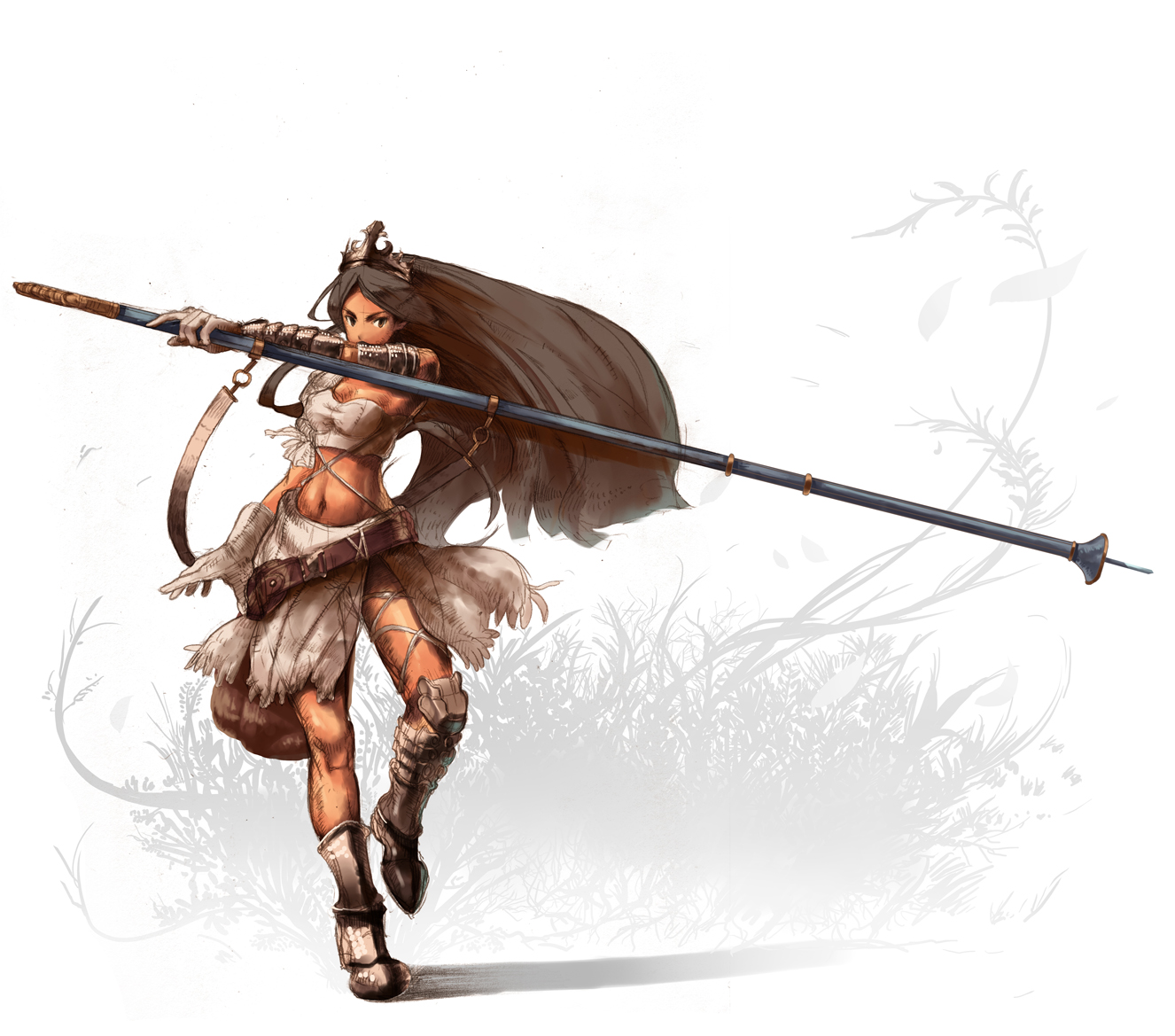 juun, aisha (ash), archaic sealed heat, ash (game), bad id, bad pixiv id, 1girl, armor, boots, brown hair, crown, female focus, gloves, hat, lance, long hair, midriff, polearm, solo, spear, weapon
