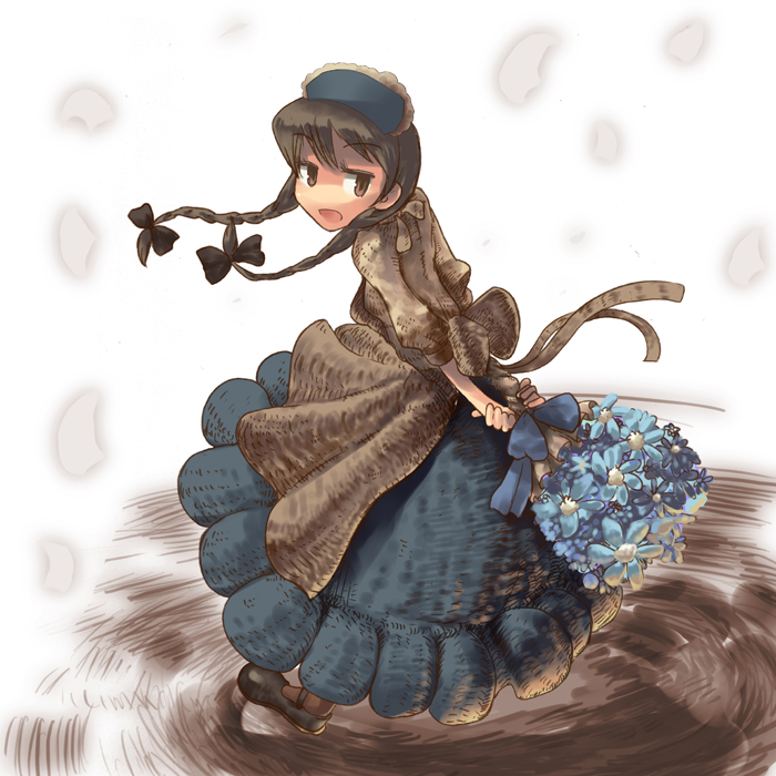 juun, bad id, bad pixiv id, bouquet, braid, brown hair, flower, long hair, solo, twin braids, twintails