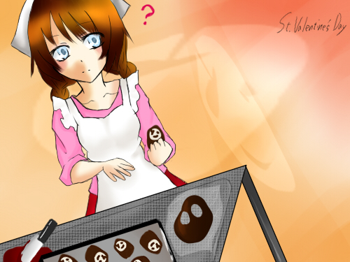 madotsuki, uboa, yume nikki, lowres, apron, braid, chocolate, cooking, twin braids, valentine